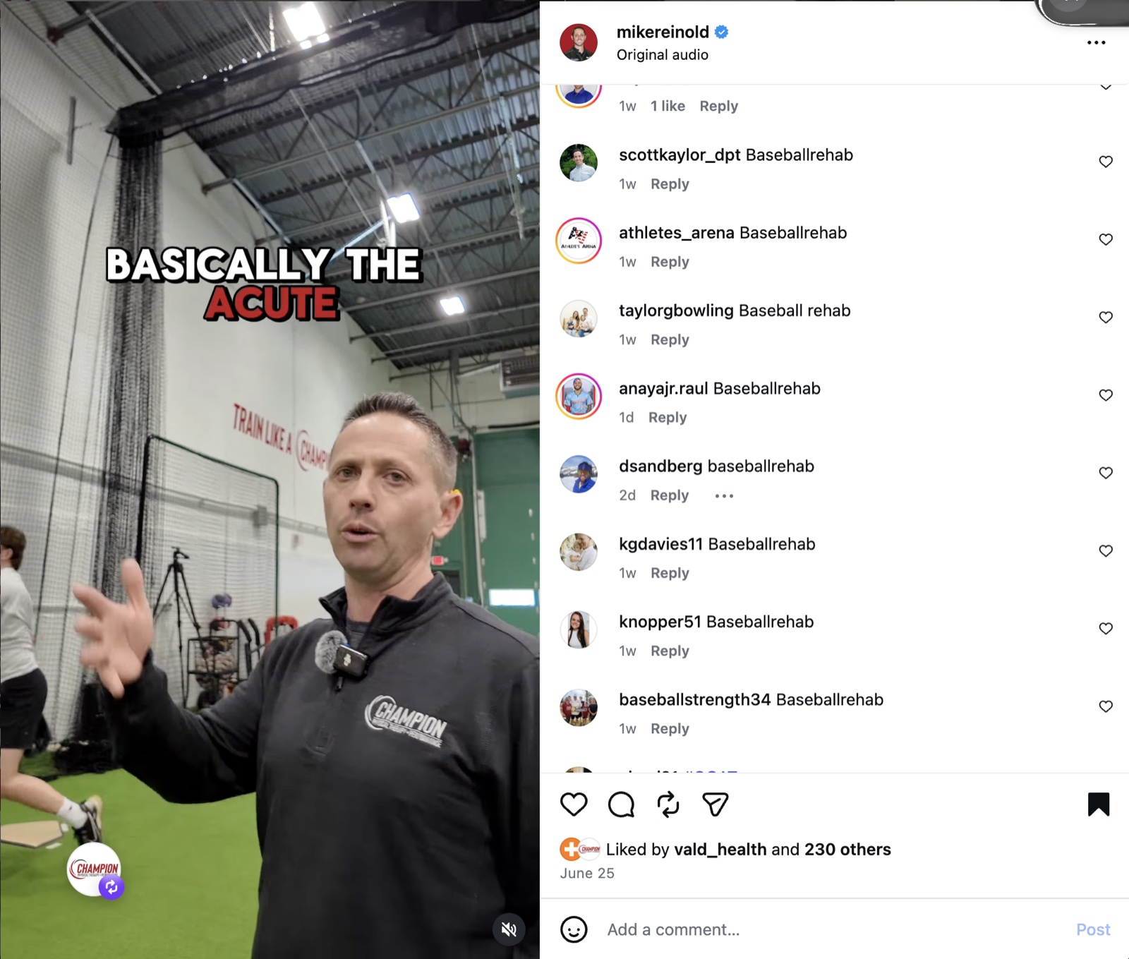 Instagram comments under Mike Reinold's video, each one saying the keyword Baseballrehab